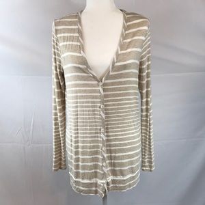 Three Dots- Tan/white stripe button up cardigan, L